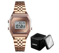 Montre Numérique Rétro Homme Femme, Étanche 30M, Bracelet Acier Inoxydable, LED avec Alarme, Date, Chronomètre, Rétroéclairage, Heure 12 et 24H(Rose)