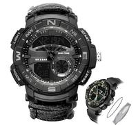 Montre Numérique Tactique Militaire pour Homme, 7 en 1, Multifonctionnelle, Étanche, Style Camouflage, pour Le Sport, avec LED et Boussole, Bracelet en Paracorde(BK-Black)