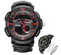 Montre Numérique Tactique Militaire pour Homme, 7 en 1, Multifonctionnelle, Étanche, Style Camouflage, pour Le Sport, avec LED et Boussole, Bracelet en Paracorde(BK-Red)