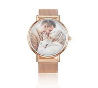 Montre Photo Personnalisée pour Femmes avec Texte Gravé Bracelet Maille Milanaise Acier Inoxydable Analogique Quartz Grand Cadran Saphir Imperméable Ultra-Mince Classique Unisex (Or rose)