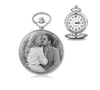 Montre Poche Personnalisée avec Photo et Texte Gravure Vintage Montre Poche Lisse Classique pour Homme Femme Cadeau pour Anniversaire Anniversaire Fête des Pères (Argent 2)