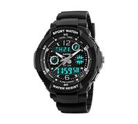 Montre pour Enfants, Montre pour garçons pour 6-15 Ans, Montre-Bracelet analogique étanche pour Sports de Plein air Multifonction numérique avec Alarme Lumineuse LED et Date du Calendrier, 05-Noir,