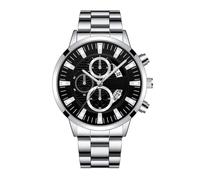 Montre pour homme à quartz analogique tendance en alliage de calendrier avec bracelet en acier pour homme d'affaires de mode décontracté, Surface noire en acier blanc, Bracelet