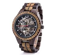 Montre pour homme, classique, automatique, mécanique, cadran numérique, marron, en bois naturel avec fond en verre, en bois de zèbre et d'ébène