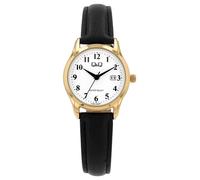 Montre Q&Q pour femme avec bracelet en cuir, affichage de la date, noir/or