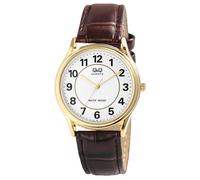 Montre Q&Q pour homme avec bracelet en imitation cuir marron foncé/or, 3 bar