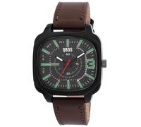 Montre - QBOS - QBOS - Boîtier rectangulaire métal noir 42 mm - Cadran noir verre minéral - Bracelet simili cuir marron 20 mm