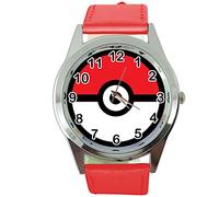 Montre ronde bracelet cuir rouge pour les fans de monstres de poche