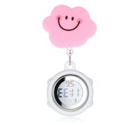 Montre Soignant Numérique Rose en Silicone, Clip Métal, Affichage 12 | Forme Nuage Mignonne, Chiffres Larges Lumineux, Cadran Souriant, Cordon Rétractable, pour Blouses Médicales, Centres