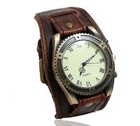 Montre Unisexe Punk Rock rétro Bronze Cadran Rond en Cuir Montre-Bracelet Manchette Bracelet Chiffres Romains Montres à Quartz analogique