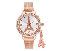 Montres à la mode pour femmes Motif délicat Tour Eiffel avec diamants Montre analogique à quartz avec bracelet en alliage de maille avec pendentif (Or rose - Surface blanche)