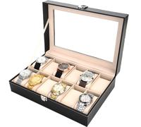 Montres box 12 slots vitrine organisateur couvercle en verre véritable rangement pour bijoux avec Cuir synthétique pour hommes et femmes, noir