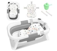 Monucep Baignoire pliable pour bébé, avec thermomètre et tapis de bain, pliable, avec gobelet de lavage des cheveux et tapis antidérapant, pour nouveau-né, gris