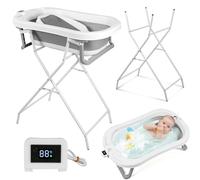 Monucep Baignoire pour bébé de 0 à 3 ans, pliable, avec thermomètre, sur pied, peu encombrante, ergonomique, pour bébé de 0 à 3 ans, 80 cm, gris/blanc