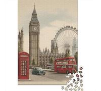 Monuments Londres 1000 PC Carton DIY Style Illustration Vintage Puzzle, Entraînement Concentration Adolescents, Soulagement Stress & Loisirs Après L'école 52x38cm/1000pcs