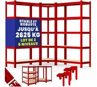 MONZANA® Set de 3 étagères charge lourde 5 niveaux rouge Étagère métallique modulable 2625kg Étagère d'angle garage atelier