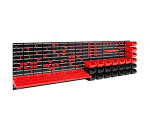 MONZANA Système de rangement mural 2 panneaux 60 crochets 28 bac | 2x panneau mural, 14x bac noir, 14x bac rouge, 60 crochets, 2 supports tournevis, 2 plateaux outils, 1 support clé à molette