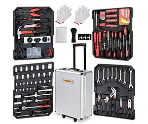 MONZANA® Valise à outils 899 pièces Argent en acier robuste Poignée télescopique Mallette bricolage à roulettes Clés Tournevis