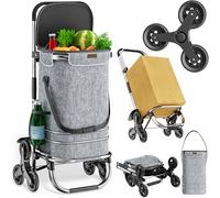 MONZANAŽ Chariot de courses gris merle 56 litres 3 en 1 pliable compartiment isotherme 6 roues bandes réfléchissantes