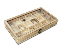 Mooca Présentoir à bijoux en bois avec couvercle en verre trempé et plateau à 18 compartiments, boîte de collection Rock, vitrine en cristal, couleur chêne