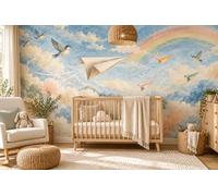 MOOGCO Papier Peint Panoramique Avions en Papier, Fresque Murale Autocollante pour Chambre d'Enfant, Papier Peint Chambre de Bébé Avions et Ciel Aquarelle, 160 x 100 in