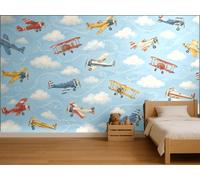 MOOGCO Papier peint panoramique Avions Vintage et Nuages, Décoration murale chambre enfant autocollante, Papier peint aquarelle pour chambre de bébé sur mesure, 40 x 40 in