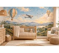 MOOGCO Papier peint panoramique ballon et avion, fresque murale autocollante pour chambre d'enfant, papier peint aquarelle ciel avec avions pour chambre de bébé, 100 x 80 in