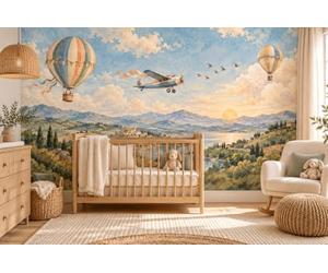 MOOGCO Papier peint panoramique ballon et avion, fresque murale autocollante pour chambre d'enfant, papier peint aquarelle ciel avec avions pour chambre de bébé, 120 x 100 in