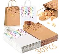 MOOING 30Pcs Sac de Kraft,Papier Kraft Avec Poignée,Pochettes Cadeaux Recyclable,Bronzage Krafts Sac Cadeau pour Noël Mariage Anniversaire Fête (Blanc/Marron)