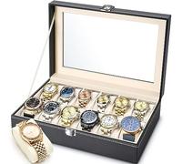 MOOING Boîte à Montres avec 12 Compartiments, Ecrin pour Montres Verrouillable avec Couvercle en Verre,Coffret/Présentoir à Montres avec Coussins détachables,Cuir PU,Doublure en Velours,30 x 20 x 8cm
