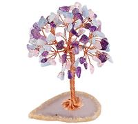 mookaitedecor Améthyste/Quartz Rose/Aquamarine Arbre de Vie Decoration,Polie Pierres et Cristaux & Socle en Tranche de Agate Géode Naturelle Guérison Déco