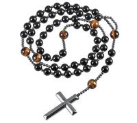 mookaitedecor Collier Pendentif Croix en Hématite Naturelle Chaîne de Perles en Pierre Amulette Porte-bonheur Chrétienne Bijoux non Ajustables pour Femmes et Hommes, Obsidienne et Oeil de Tigre