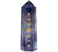 mookaitedecor Colonne de Cristal Naturel Qui Grave des Phases de Lune et l'éclipse Lunaire, Pierre de Point de Baguette de Cristal hexagonale polie pour méditation et décoration, Fluorine