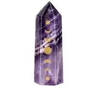 mookaitedecor Colonne de Cristal Naturel Qui Grave des Phases de Lune et l'éclipse Lunaire, Pierre de Point de Baguette de Cristal hexagonale polie pour méditation et décoration, Améthyste