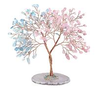 mookaitedecor Décoration d'arbre concentrique de Pierres de Cristal dégringolé, Base de Tranche d'agate Figurines Arbre de Vie pour Richesse et Chance, Quartz Rose & Aigue Marine