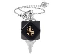 mookaitedecor Pendule en cristal naturel avec symbole reiki pour radiesthésie et divination, Pendule polyédrique en pierre de cristal reiki avec chaîne pour méditation et outil wicca, Obsidienne Noire