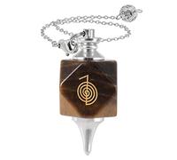 mookaitedecor Pendule en Cristal Naturel avec Symbole Reiki pour radiesthésie et Divination, Pendule polyédrique en Pierre de Cristal Reiki avec chaîne pour méditation et Outil Wicca, Oeil de Tigre