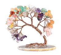 mookaitedecor Reiki Cristaux Arbre de Vie Décoration, Arbre d'argent de Pierres de Cristal Poli avec Base en Tranche d'agate décor à la Maison pour Chance et Richesse, Pierres Multiples