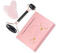 mookaitedecor Rouleau de Obsidienne Noire Massager Facial et Gua Sha Quartz Rose Ensemble,Pierre Roller Massage pour Visage, Cou, Corps et Yeux