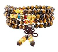 mookaitedecor Tibétain Mala Bracelet 108 Perles Pierres Élastique Collier Bouddhistes Chakra,Oeil de Tigre et Ambre
