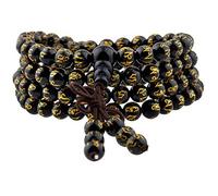 mookaitedecor Tibétain Mala Bracelet 108 Perles Pierres Élastique Collier Bouddhistes Chakra,Onyx Noir Graver