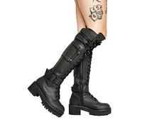 Mooke Bottes Hautes pour Femmes - Bottes De Chevalier À Lacets À Talons Épais Et À Bout Rond Vintage avec Boucle Latérale - Bottes À Plateforme en Cuir Goth Punk PU Cosplay De Fête,Noir,38