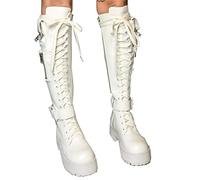 Mooke Bottes Hautes pour Femmes - Bottes De Chevalier À Lacets À Talons Épais Et À Bout Rond Vintage avec Boucle Latérale - Bottes À Plateforme en Cuir Goth Punk PU Cosplay De Fête,Blanc,38