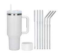 Moollyfox 1200 ML Tasse Isotherme à Double Paroi en Acier Inoxydable avec Poignée Tasse à Café Voyage Voiture avec Paille en Acier Inoxydable et Couvercle en Silicone Blanc