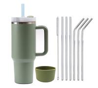 Moollyfox 1200 ML Tasse Isotherme à Double Paroi en Acier Inoxydable avec Poignée Tasse à Café Voyage Voiture avec Paille en Acier Inoxydable et Couvercle en Silicone Vert Olive