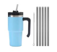 Moollyfox Mug Isotherme avec Poignée Couvercle Brosse et 5 Pailles Tasse à Café Acier Inoxydable sans BPA Double Isolée Gobelet Isotherme pour Eau, Café, Smoothie et Boissons Bleu Clair 20oz/600ml