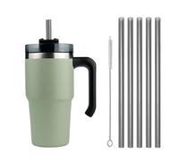 Moollyfox Mug Isotherme avec Poignée Couvercle Brosse et 5 Pailles Tasse à Café Acier Inoxydable sans BPA Double Isolée Gobelet Isotherme pour Eau, Café, Smoothie et Boissons Vert 20oz/600ml
