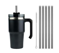 Moollyfox Mug Isotherme avec Poignée Couvercle Brosse et 5 Pailles Tasse à Café Acier Inoxydable sans BPA Double Isolée Gobelet Isotherme pour Eau, Café, Smoothie et Boissons Noir 20oz/600ml