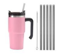 Moollyfox Mug Isotherme avec Poignée Couvercle Brosse et 5 Pailles Tasse à Café Acier Inoxydable sans BPA Double Isolée Gobelet Isotherme pour Eau, Café, Smoothie et Boissons Rose 20oz/600ml