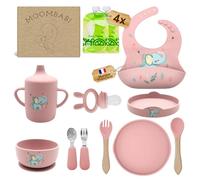 MOOMBABI Coffret repas Bebe fille, Assiette bebe ventouse antiderapante, Set Repas bebe, bol ventouse,kit cuillère bebe, bavoir silicone, couverts bébé, 4 Gourde compote Reutilisables, lot de 13